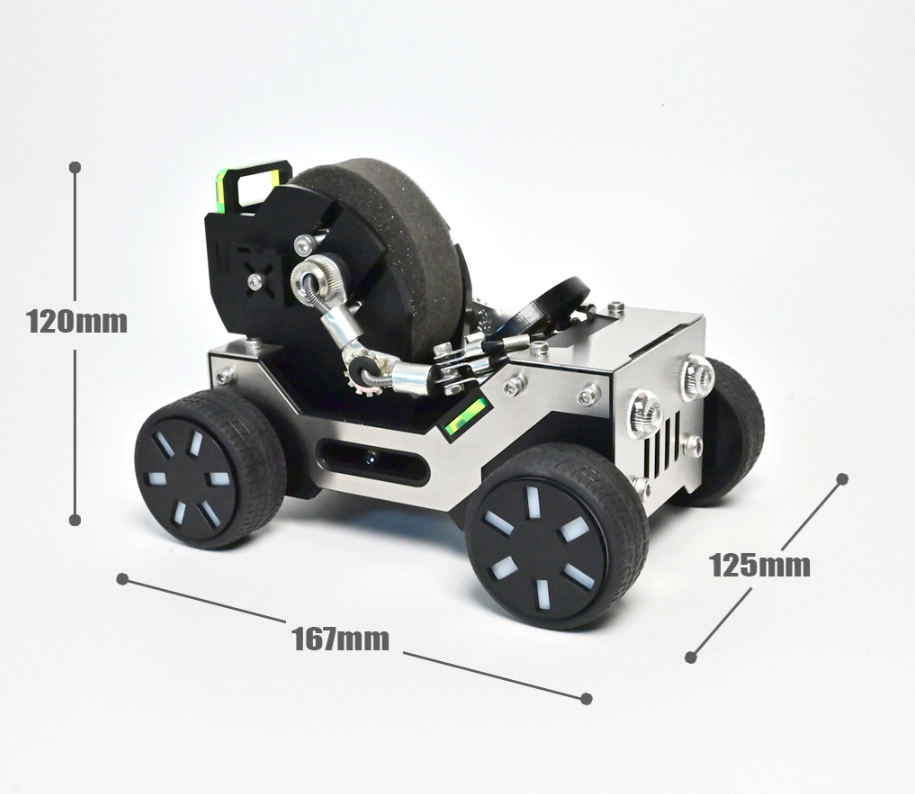 White and black toy off-road vehicle with green accents, black rubber wheels, and steering mechanism shown with dimensions