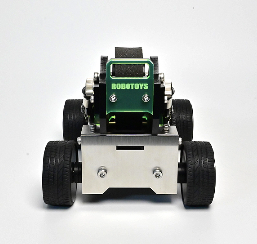 RoboToys green and white offroader watch stand with black wheels, front view