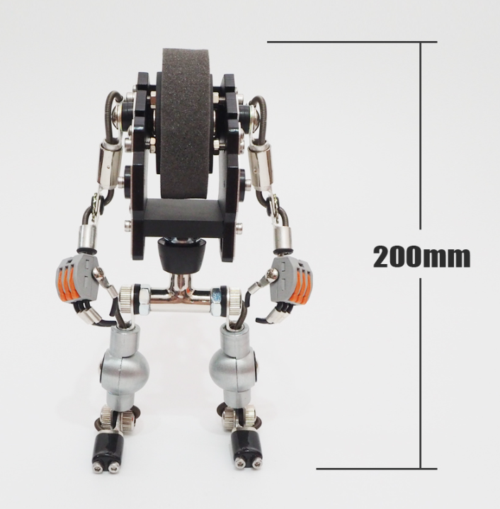Silver RoboMech watch stand with black wheel and mechanical arms, 200mm height, front view against white background