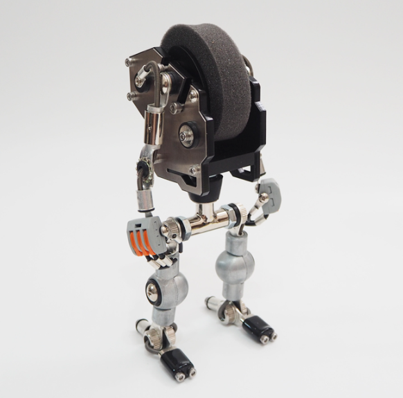 Silver RoboMech watch stand with articulated mechanical legs, gear-driven joints, and orange accent details