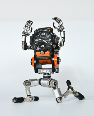 Black and orange RoboMech watch stand with articulated metal arms and legs, featuring digital chronograph watch face on chest