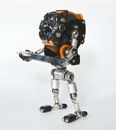 Orange and black robotic figure with mechanical joints and articulated limbs standing on white background