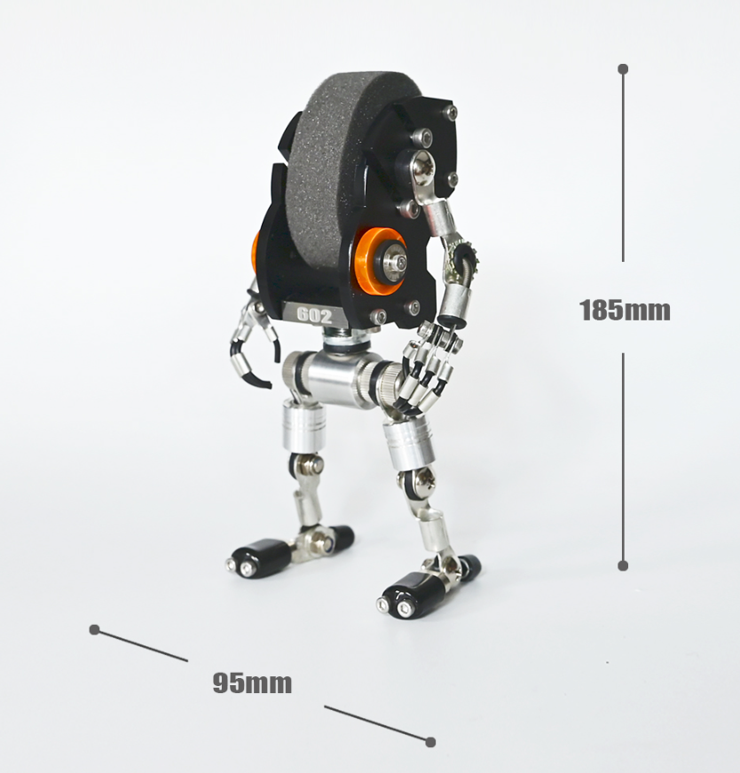 Black RoboMech robot watch stand with orange wheel detail and silver mechanical legs, 185mm height shown with dimensions