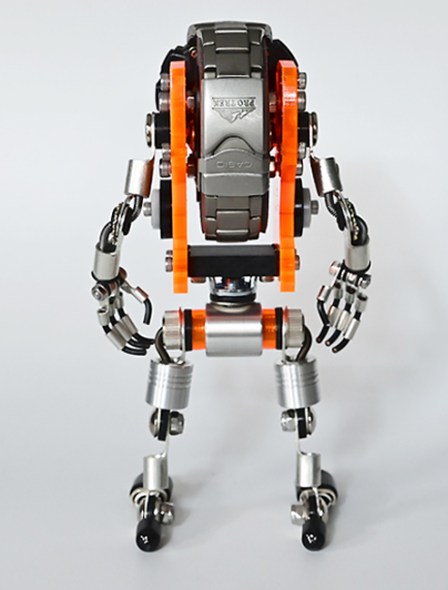 RoboMech watch stand neon orange with articulated silver metal limbs and clawed hands, front view display