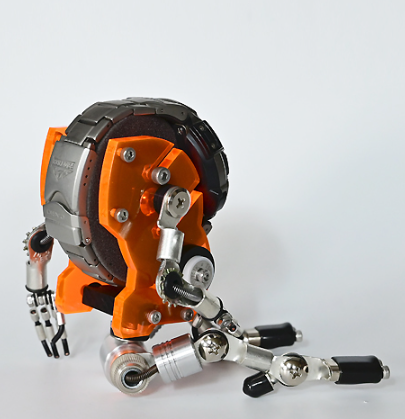 RoboMech neon orange watch stand with articulated mechanical arms and metallic accents on white background