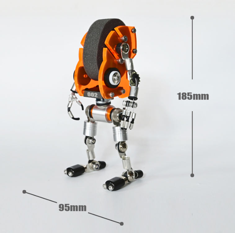 Neon orange RoboMech watch stand with articulated silver limbs, showing dimensions of 185mm height and 95mm width