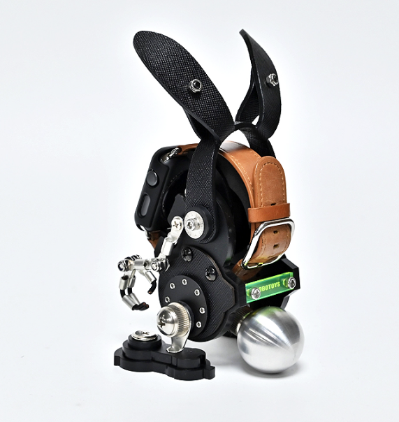 Black robotic rabbit watch stand with articulated ears, leather collar, and chrome ball base holder