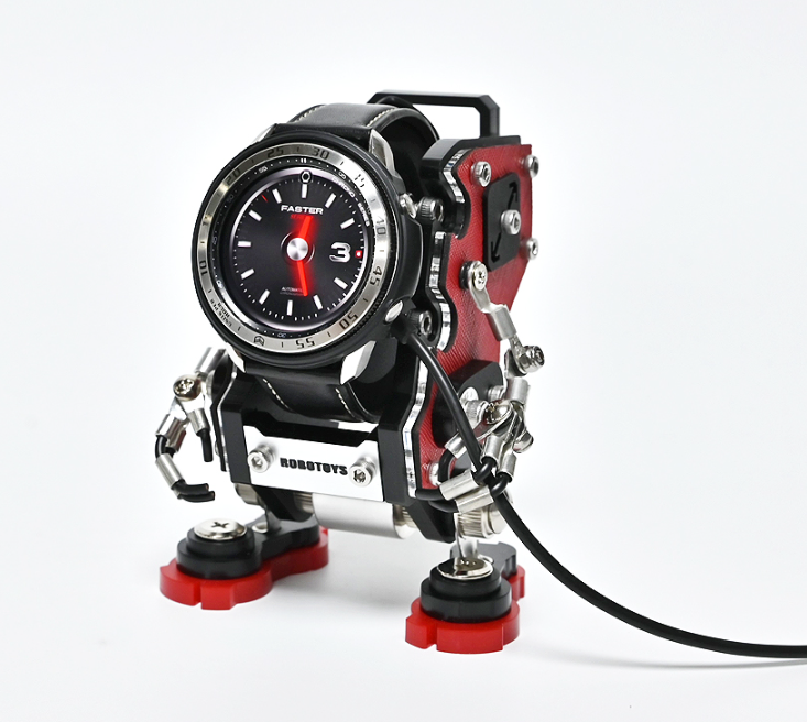 RoboToys NanoBot red watch stand with black dial watch, metal articulated arms and red base