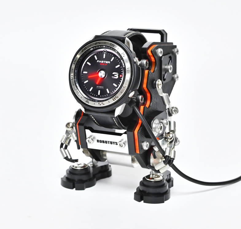 RoboToys NanoBot Saffiano Black watch stand with robot legs, orange accents, and analog watch holder