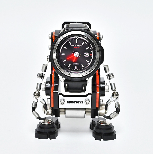 Futuristic RoboToys NanoBot watch stand with transforming robot arms holding black leather strap watch against white background