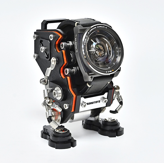 RoboToys NanoBot black watch stand with orange accents and mechanical robot design display holder