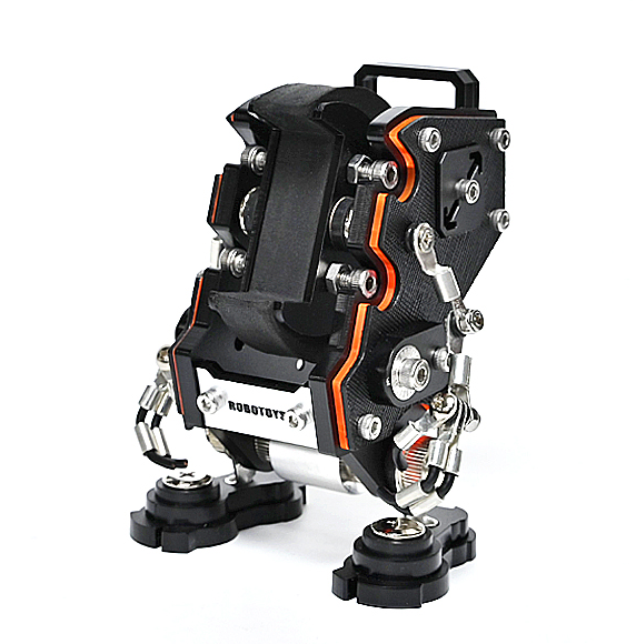 Black RoboToys NanoBot watch stand with orange accents, articulated arms, and mechanical details on white background