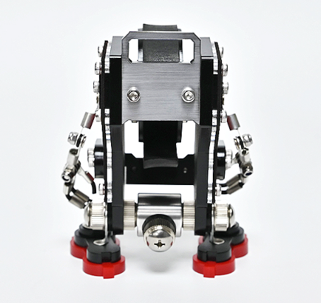 Saffiano silver NanoBot watch stand with red feet, viewed from above against white background