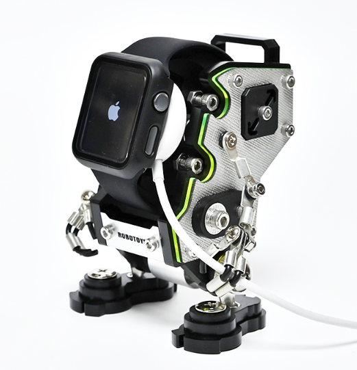 RoboToys NanoBot Saffiano Silver watch stand holding smartwatch with mechanical robotic design and green accents