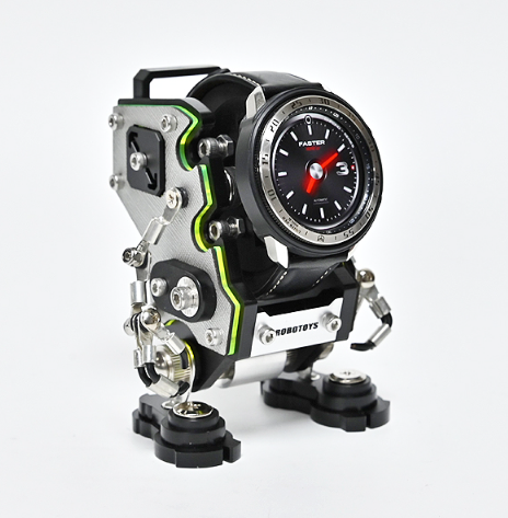 NanoBot robot watch stand in saffiano silver with neon green accents holding black analog watch