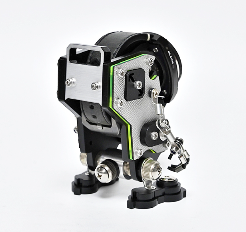 NanoBot robotic watch stand in saffiano silver with green accents, articulated poseable robot design