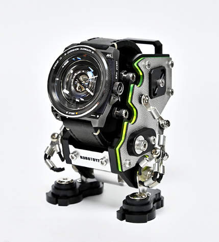 RoboToys NanoBot Saffiano Silver watch stand with green accent details and articulated legs displayed against white background
