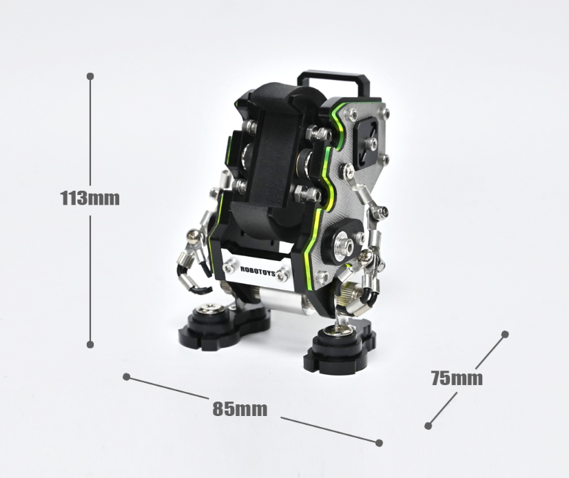 RoboToys NanoBot silver robot watch stand with green accents and mechanical details, shown with dimensions 113mm height x 85mm width x 75mm depth