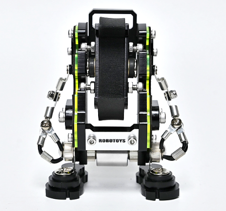 Black and silver Roboytoys Nanobot watch stand with neon green accents and articulated metal arms holding smartwatch