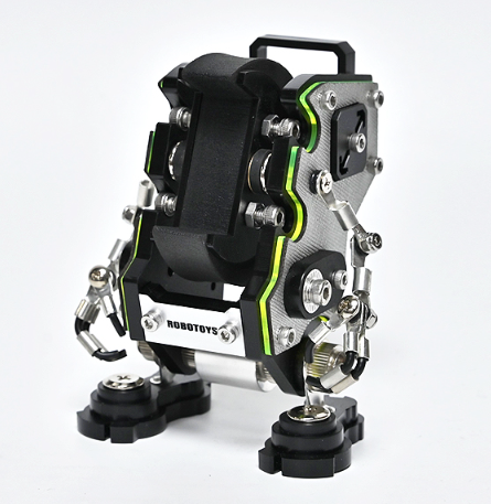 RoboToys NanoBot silver watch stand with green and black accents, mechanical robot design with articulated joints
