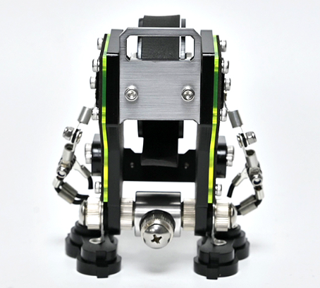 Silver NanoBot robotic watch stand with lime green and black accents, articulated arms and legs, front view