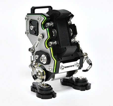 Black and neon green robotic watch stand with articulated mechanical arms and legs on black base