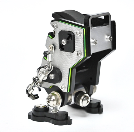 Silver nanobot robotic watch stand with black accents and green trim details