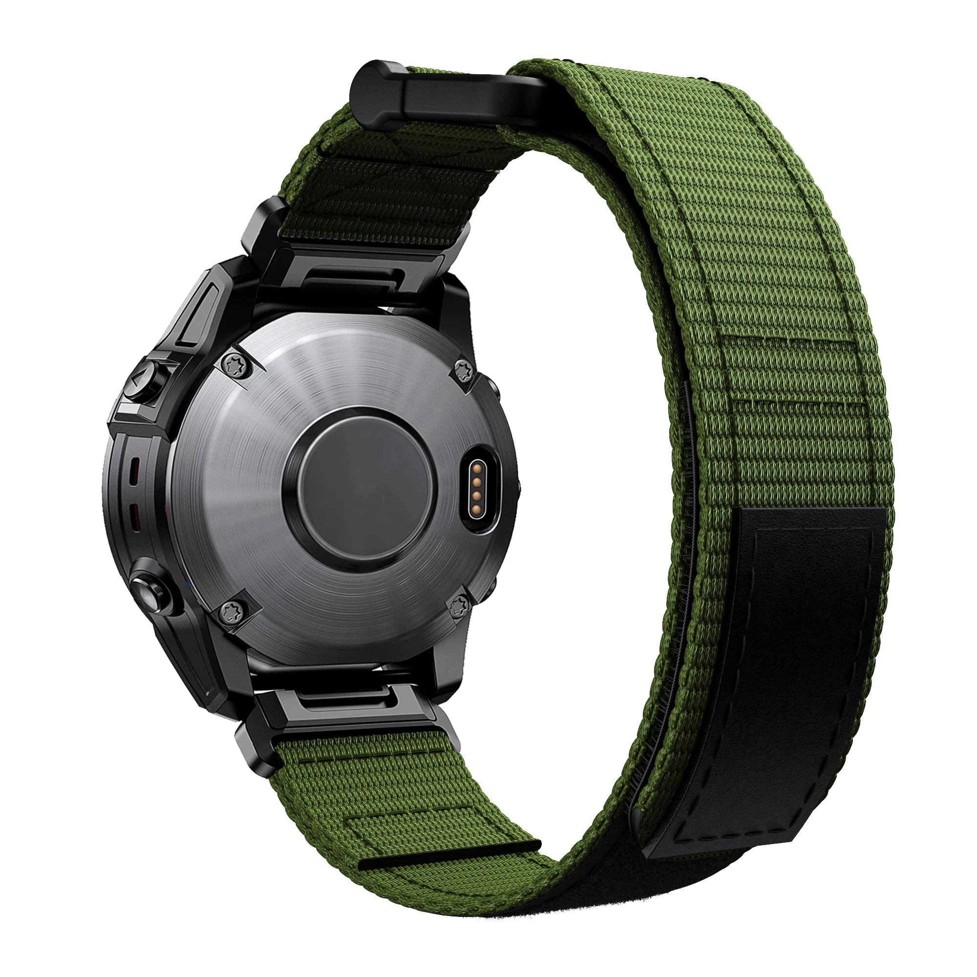 Tactical smartwatch with brushed steel case, black hardware, and olive green fabric Velcro quick-fit watch band