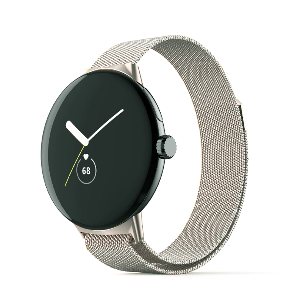 Google Pixel smartwatch with black AMOLED display and silver magnetic mesh band strap