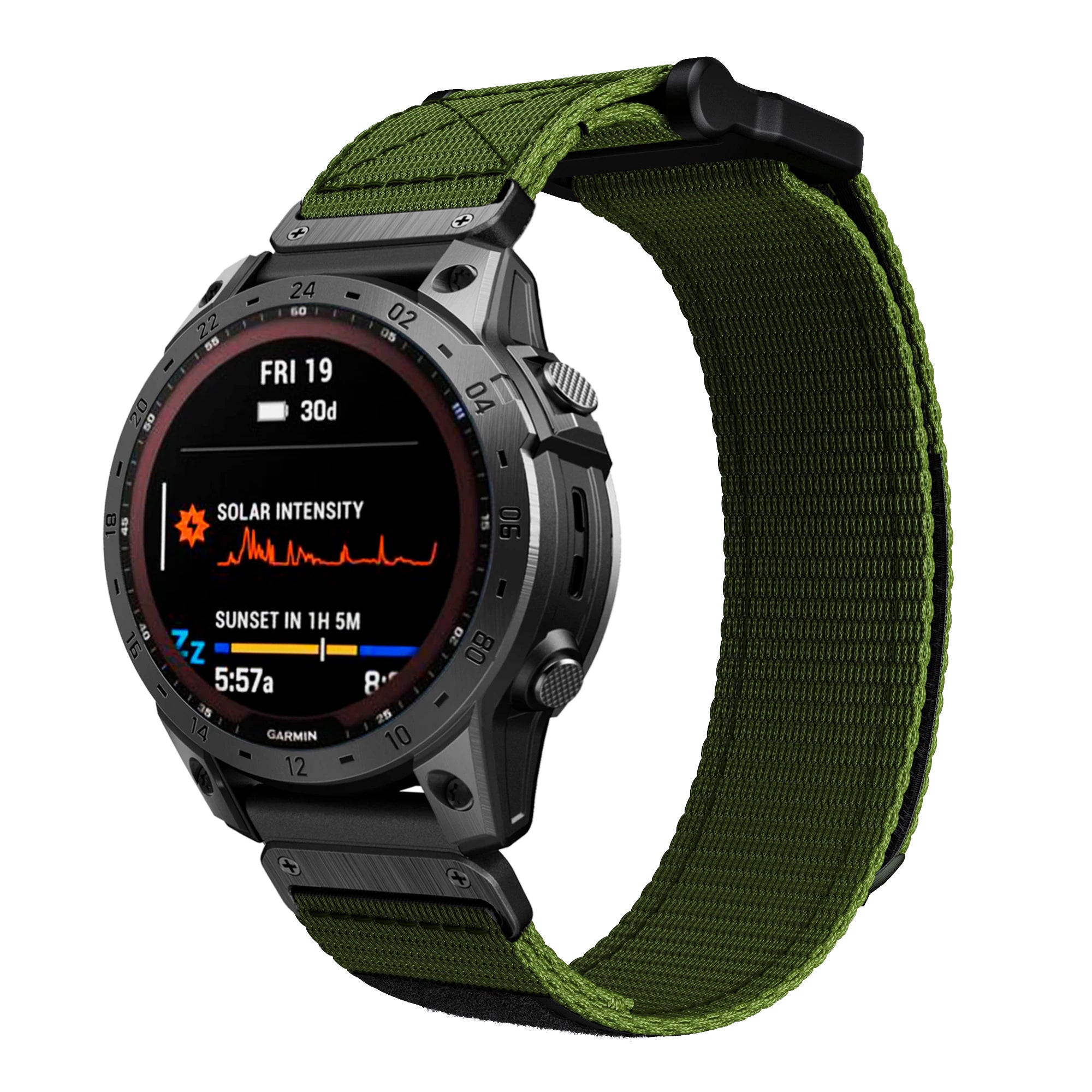 Garmin sports watch with green fabric velcro strap showing solar intensity and sunset time on AMOLED display
