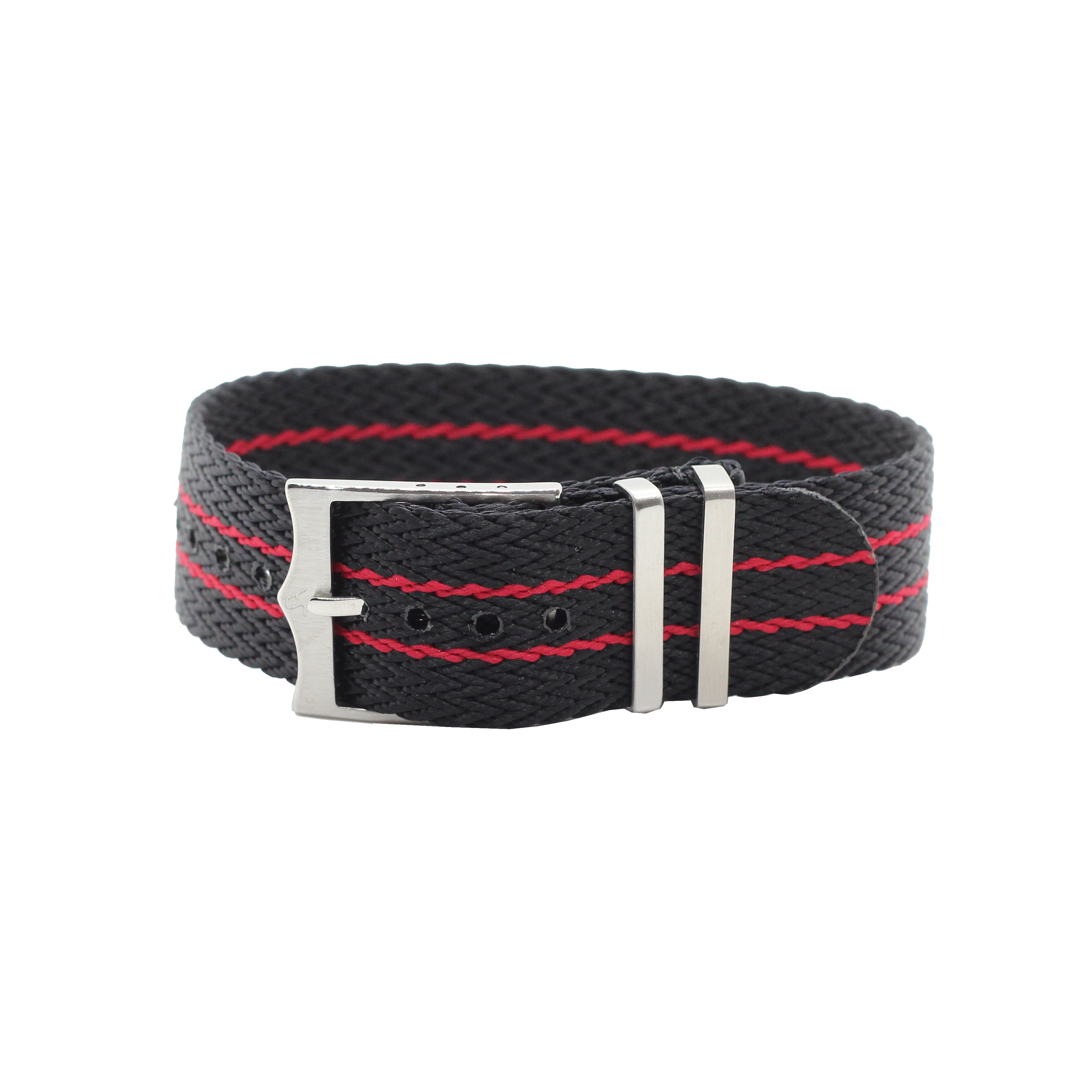 Black and red striped military fabric watch strap with polished silver buckle and keepers