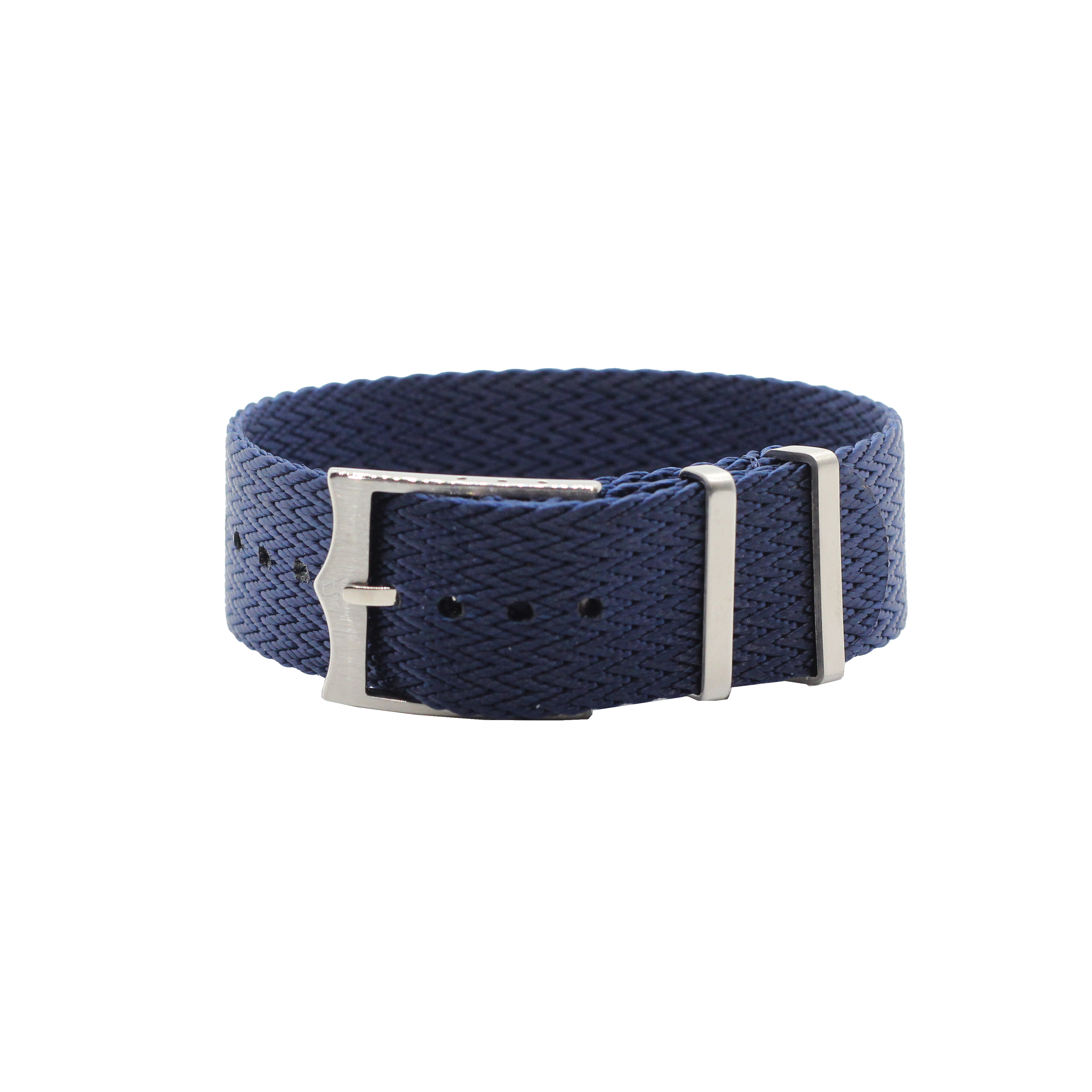 Navy blue woven military-style watch strap with adjustable silver metal buckle and keepers