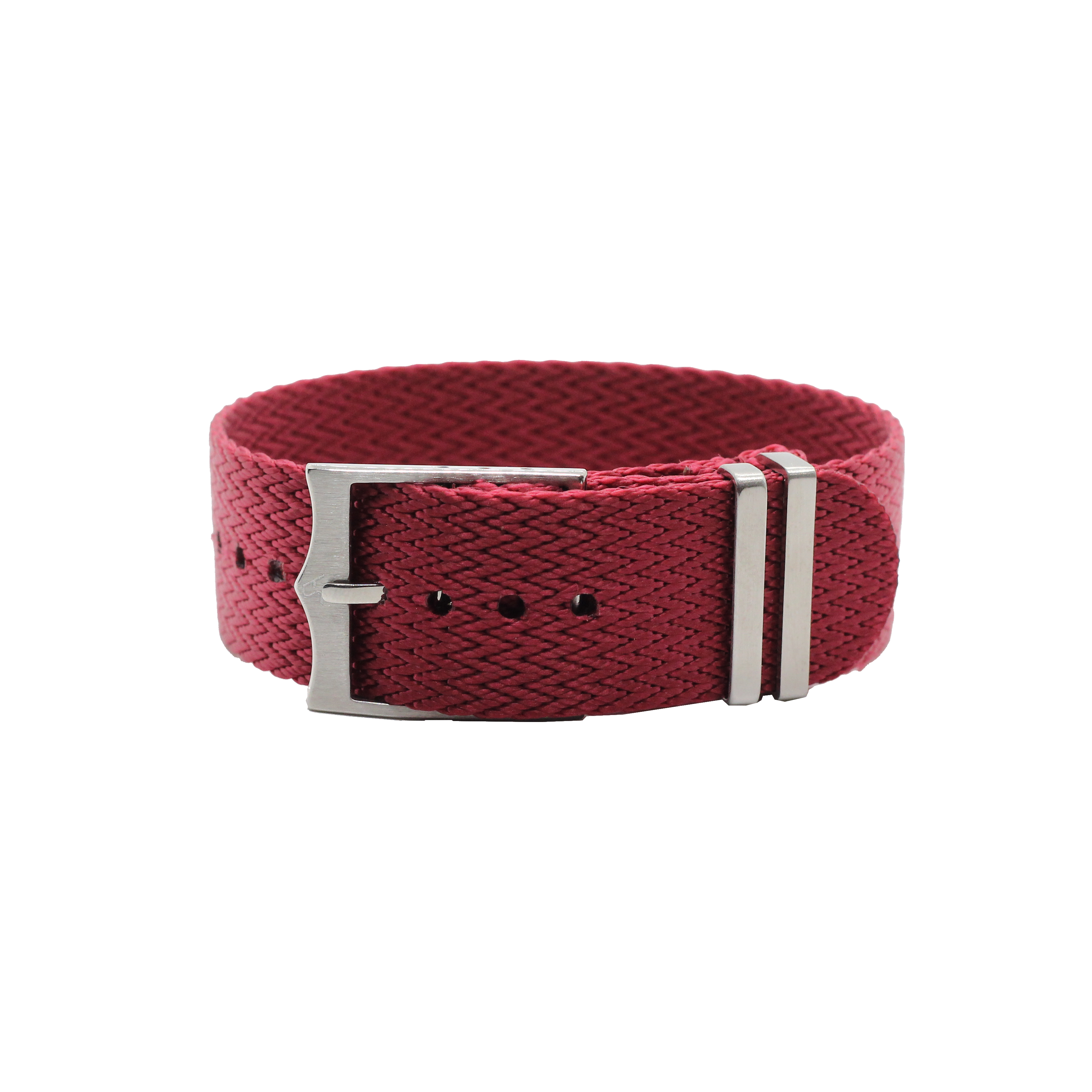 Red fabric watch strap with silver buckle and keeper loop, adjustable militex band