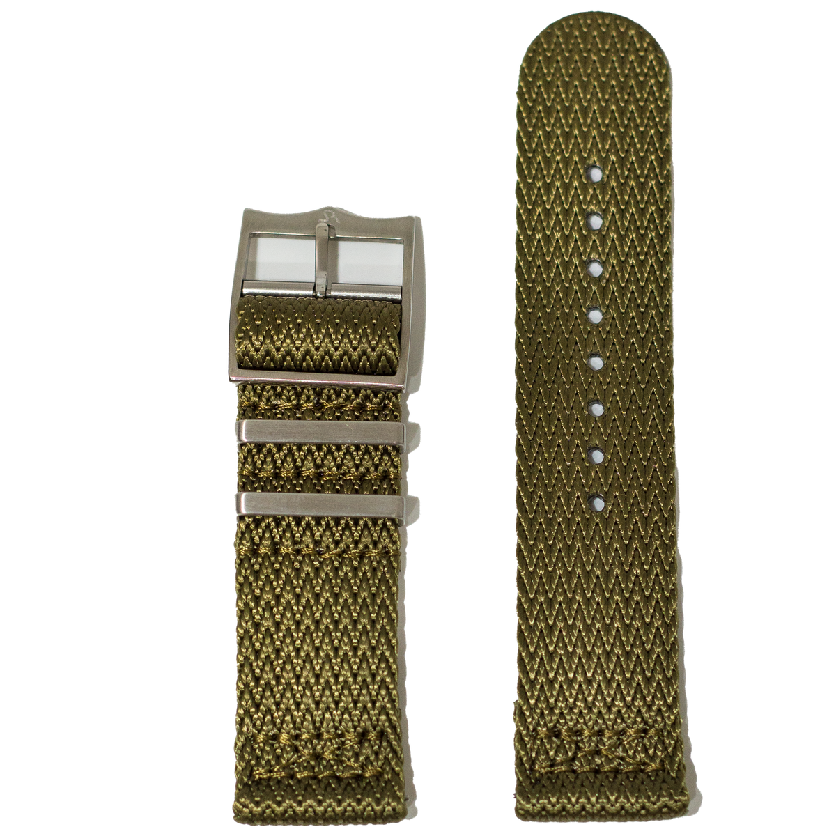 Olive green fabric watch strap with sharktooth weave pattern, QuickFit 26mm, shown with brushed steel buckle and adjustment holes