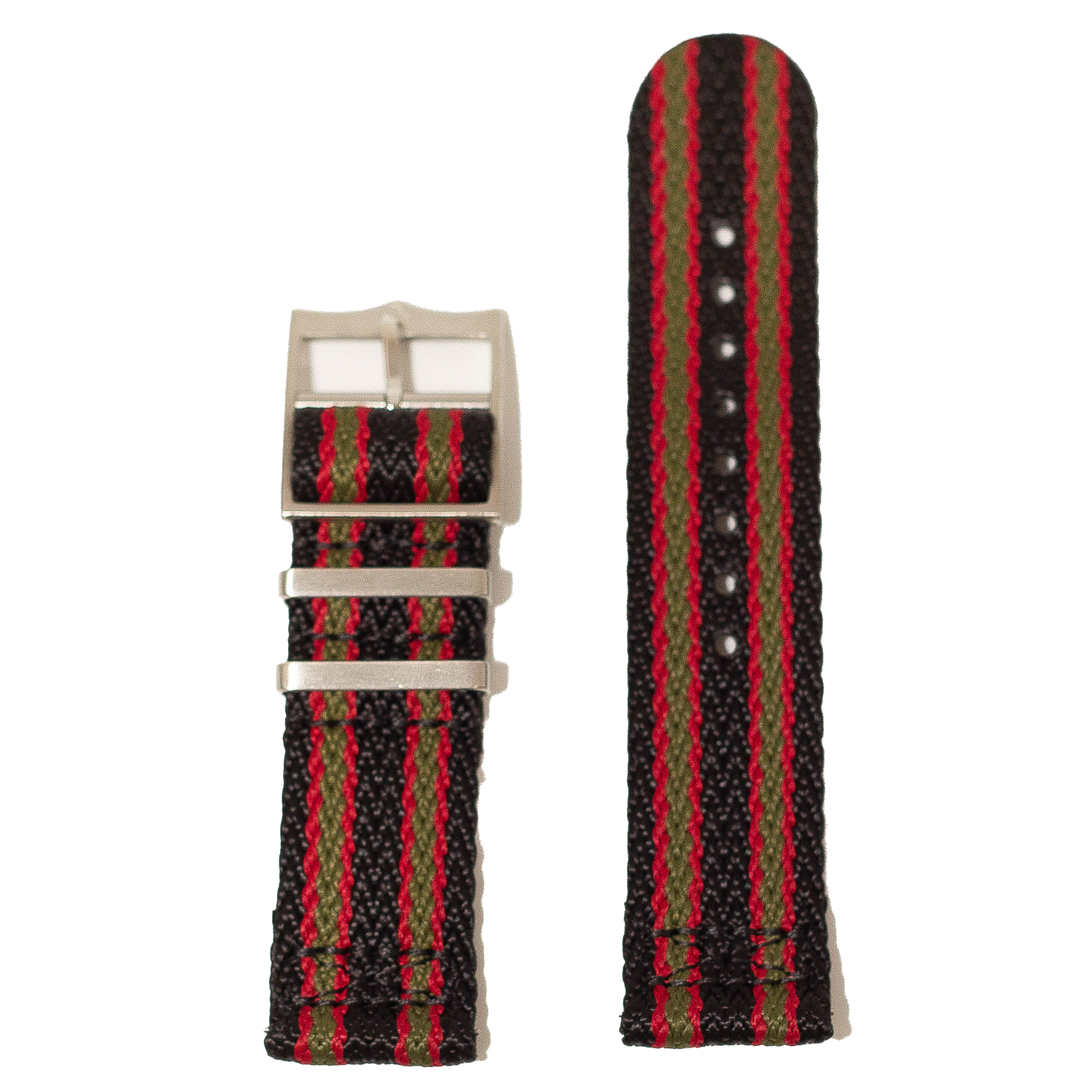 Quick Release Militex watch strap in black with red and green vertical stripes, vintage bond style with silver buckle
