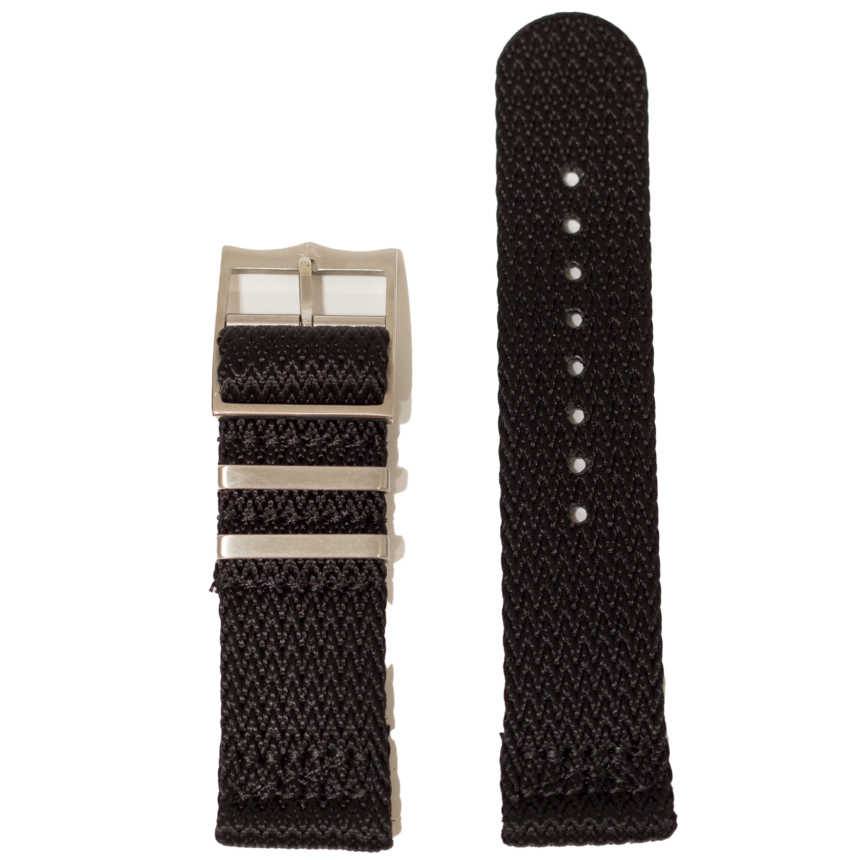 Black fabric watch band with silver buckle and adjustable holes, displayed folded and extended