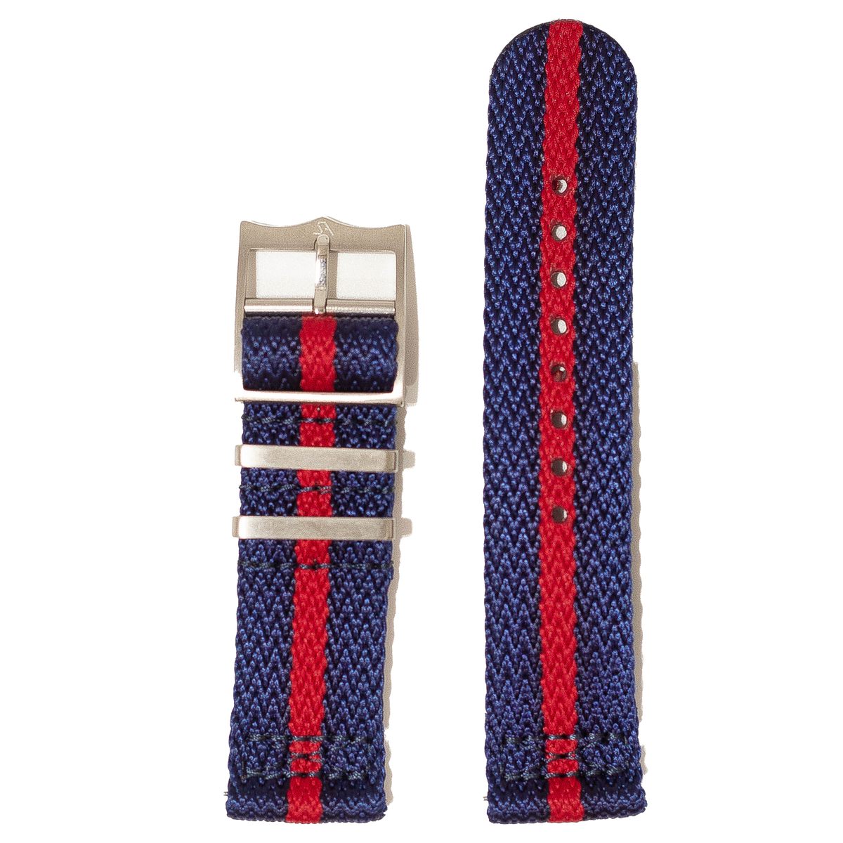 Navy blue and red striped Militex watch strap with stainless steel buckle, showing front and back views