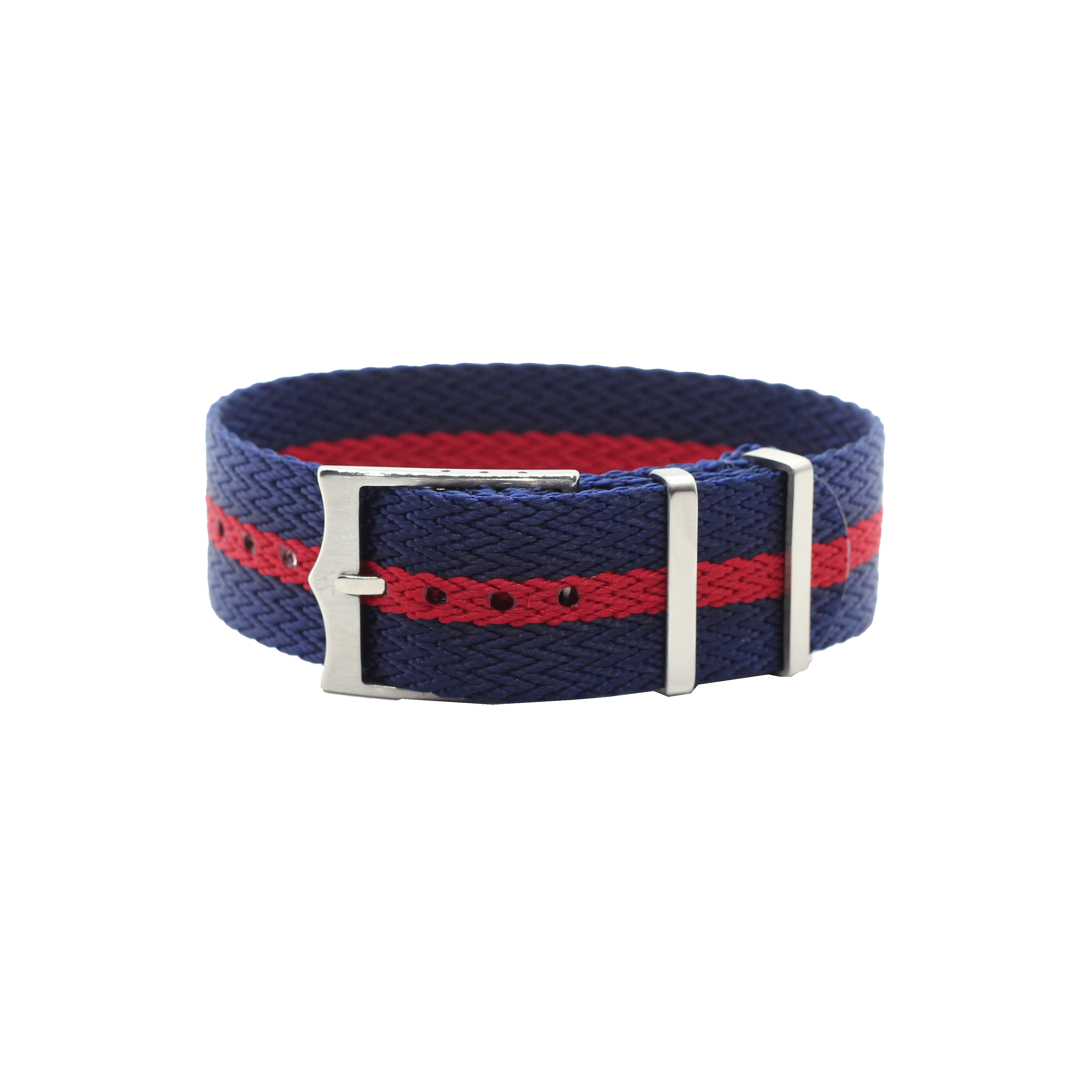 Navy blue and red striped adjustable watch strap with silver buckle hardware