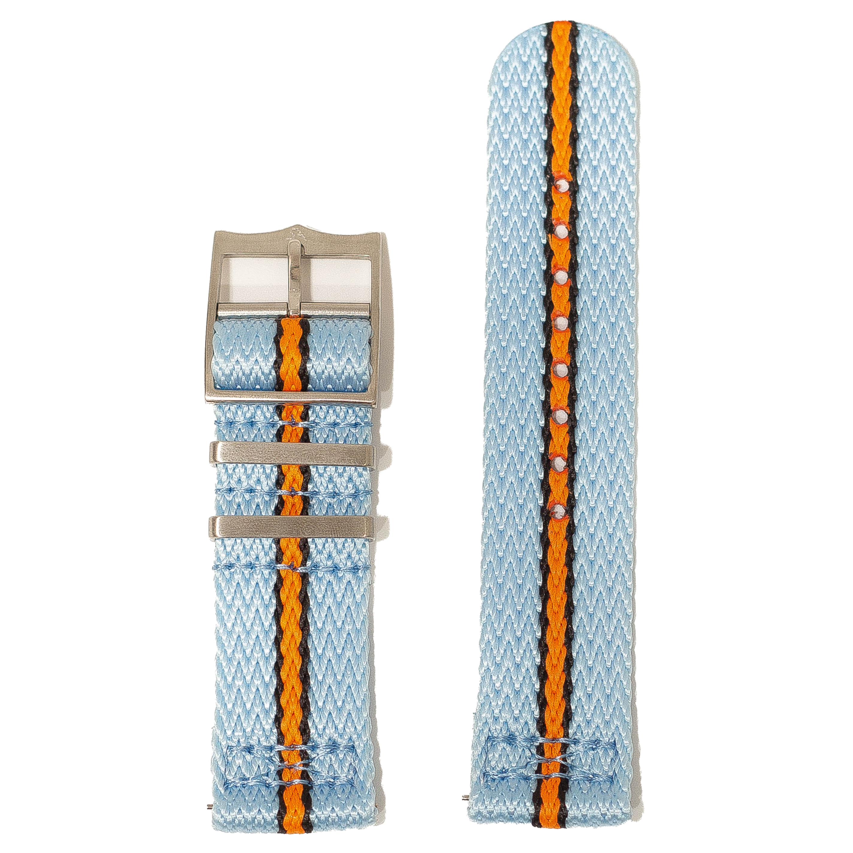 QuickFit Sharktooth Militex watch strap in sky blue with orange and black stripe, 26mm with metal buckle hardware