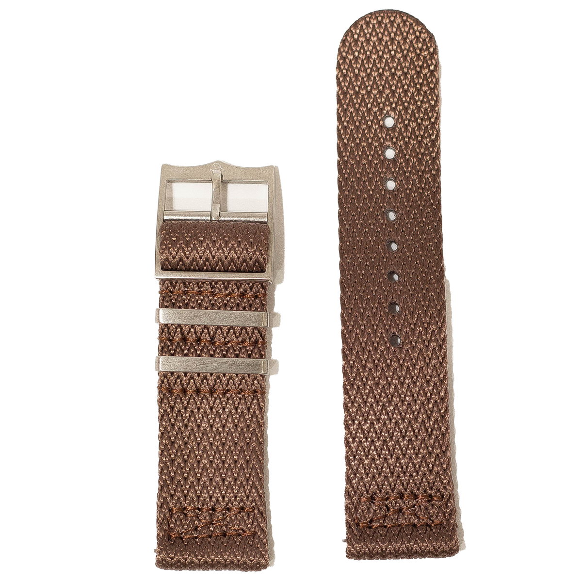 Brown fabric military watch strap with silver buckle and quick release pins, 26mm wide
