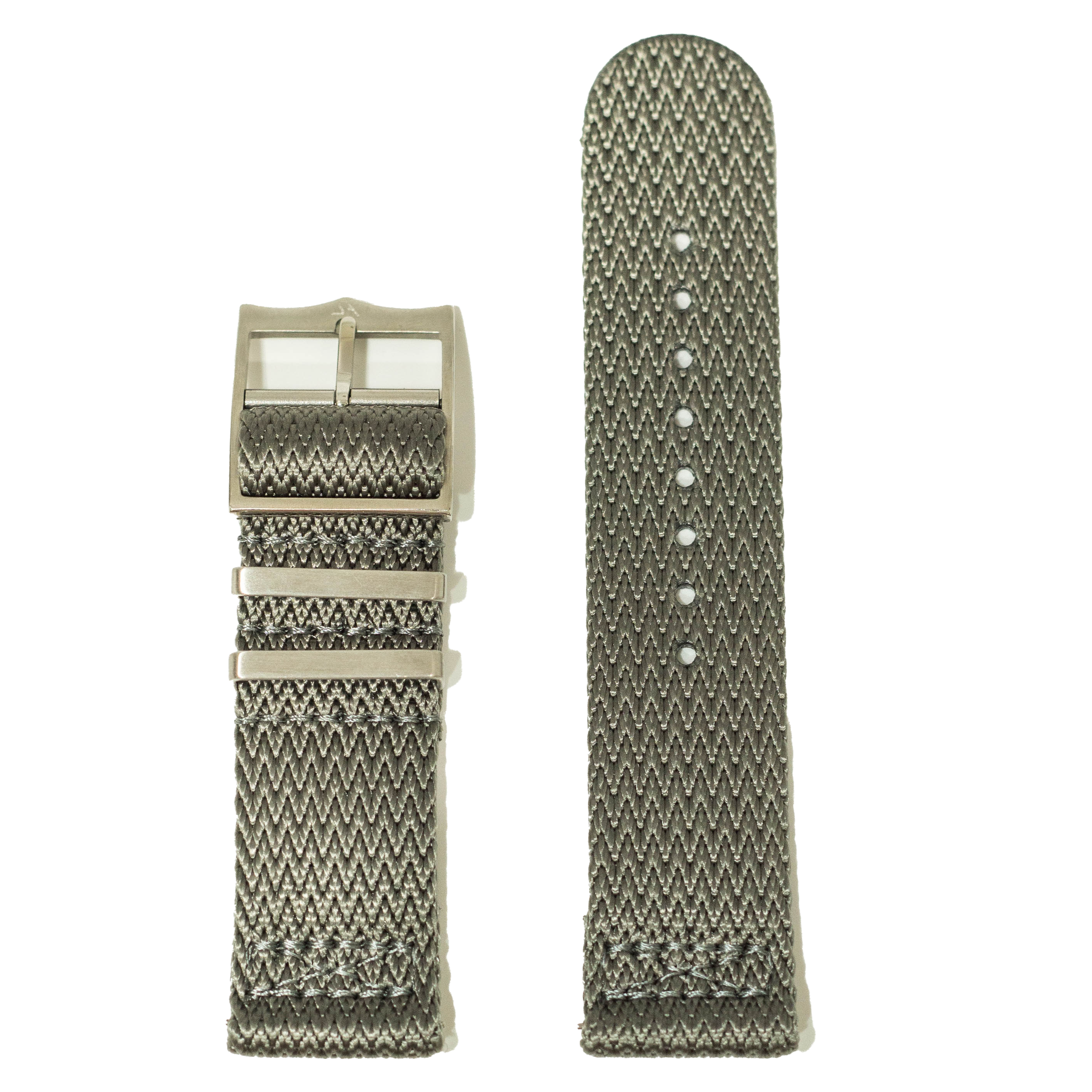 Sage green fabric watch band with textured weave pattern and stainless steel buckle, shown assembled and unattached for Fitbit Versa and Sense smartwatches
