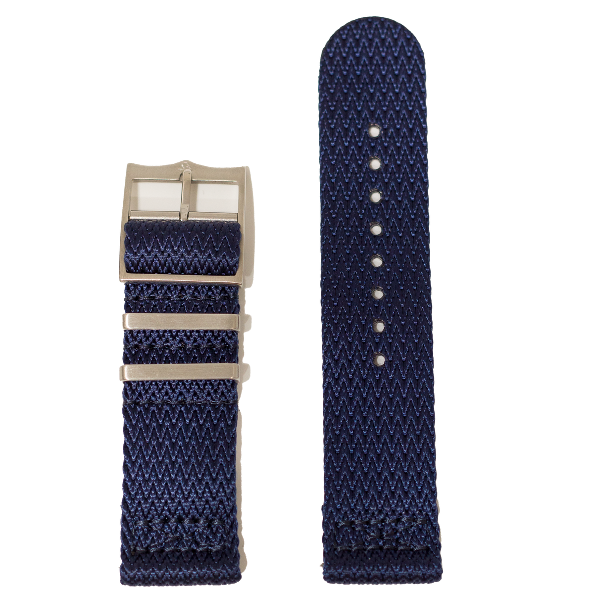 Navy blue Militex fabric watch band with silver buckle, featuring textured weave pattern and drainage holes for quick-dry capability