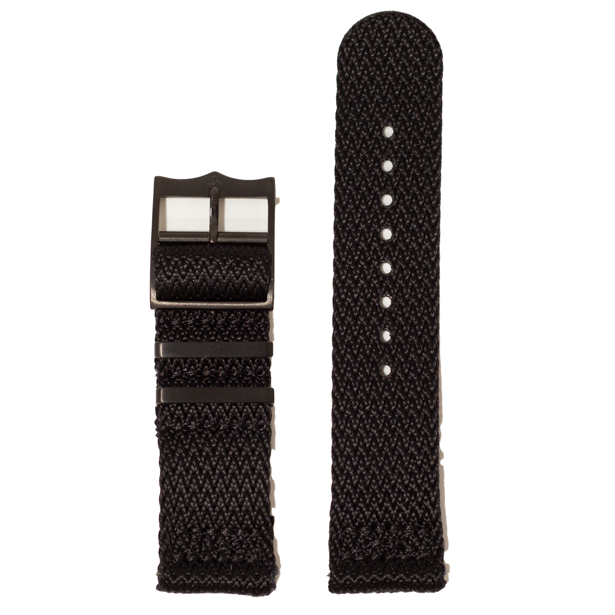 Black fabric watch band with military-style buckle and white adjustment holes for Fitbit Versa and Sense smartwatches
