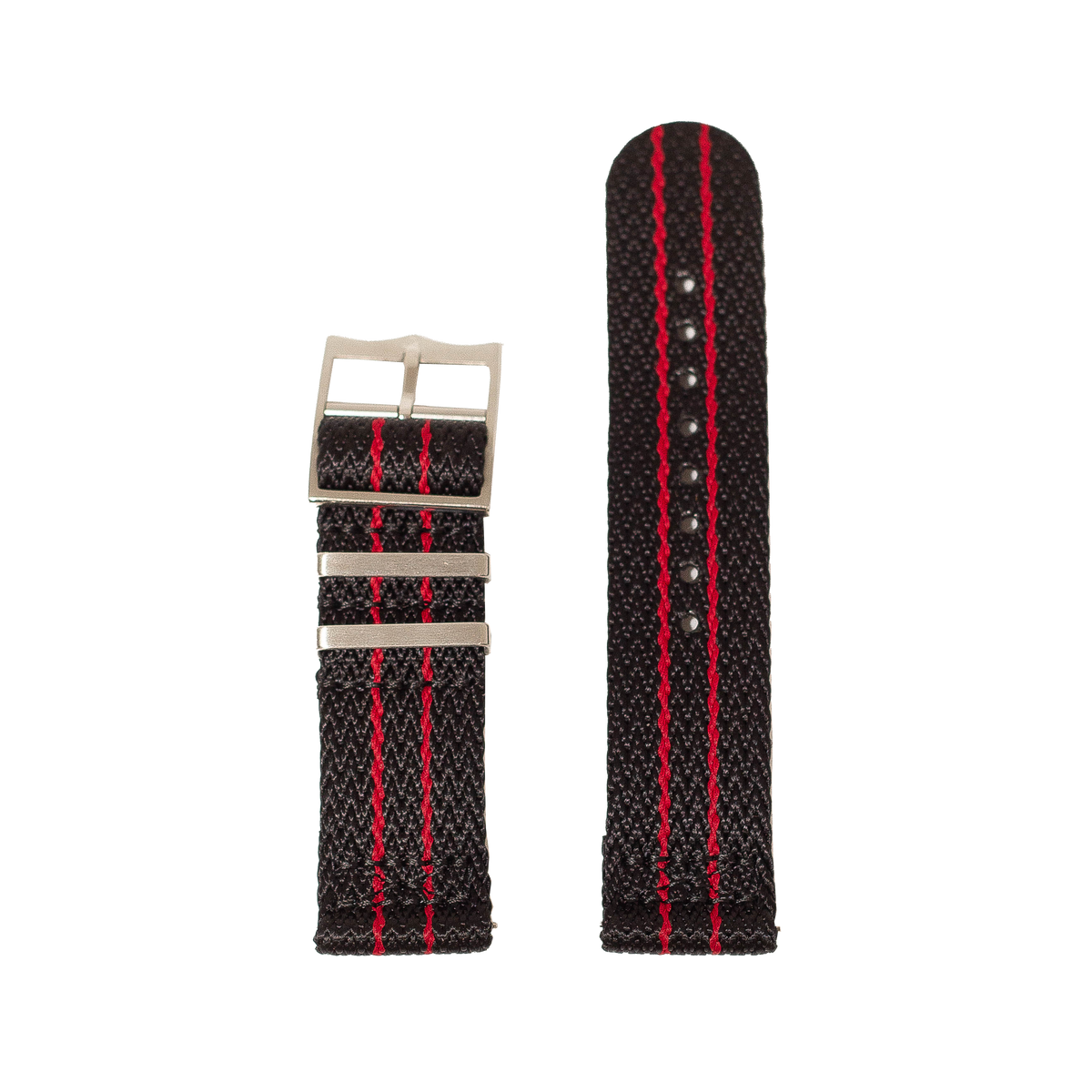 Black fabric watch band with red stitching and titanium buckle for Galaxy Watch