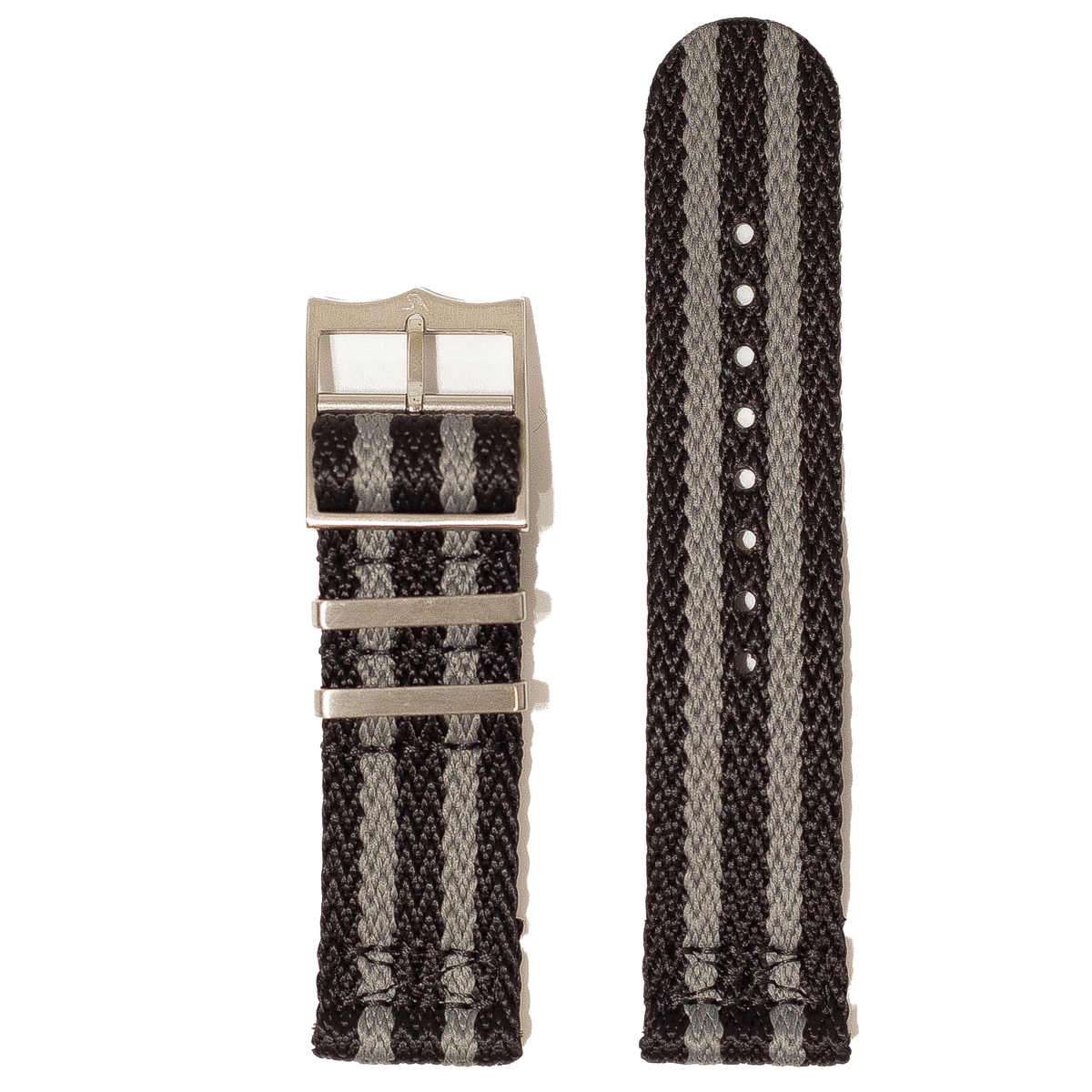 Black and grey striped fabric watch strap with quick-fit release system and silver buckle, 26mm width