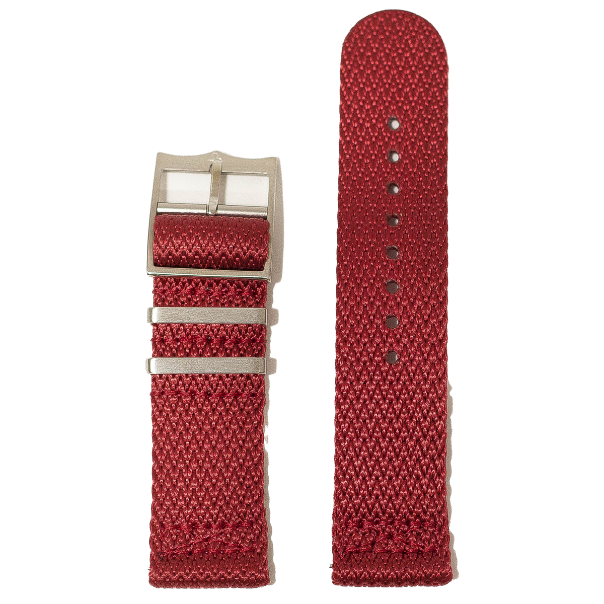 Red fabric watch band with silver buckle and adjustment holes for Fitbit Versa and Sense smartwatches