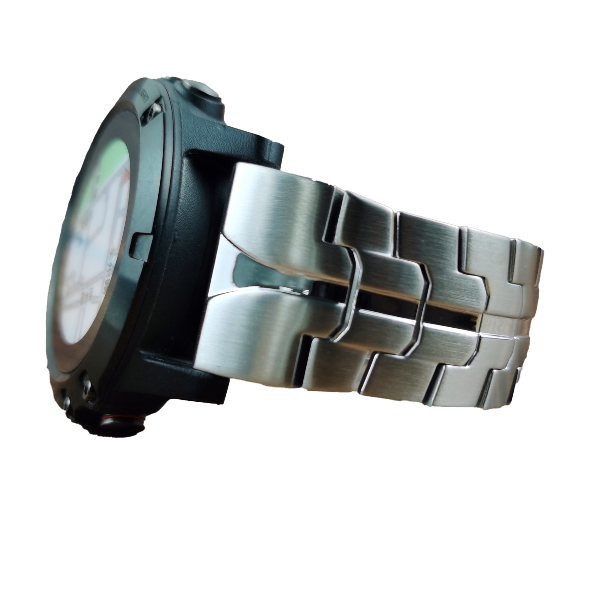 Black and silver stainless steel tactical watch with link bracelet band and digital display face