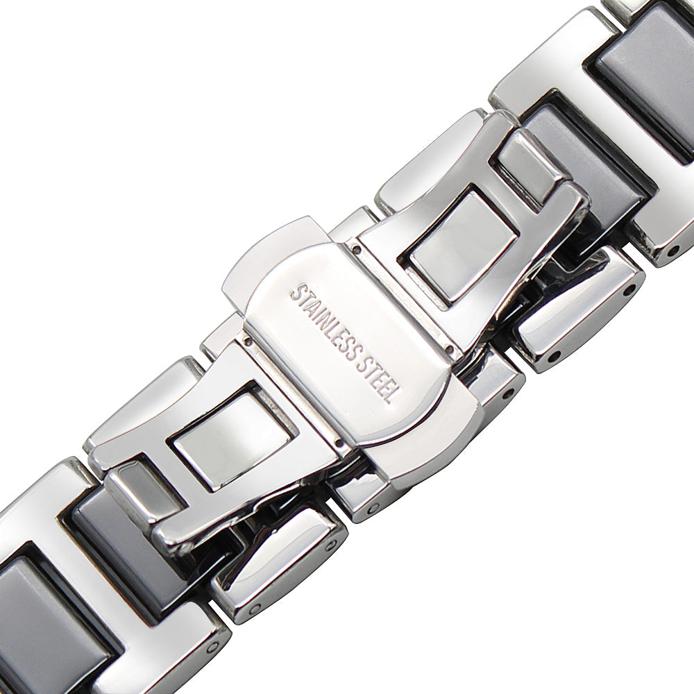 Stainless steel and ceramic watch bracelet with quick release clasp, silver and black two-tone link design