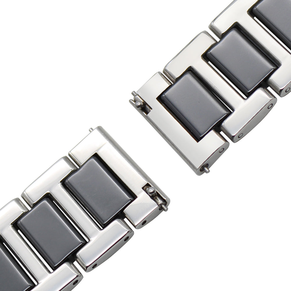 Two-tone stainless steel and black ceramic quick release bracelet with polished silver links and matte black ceramic panels, diagonal view