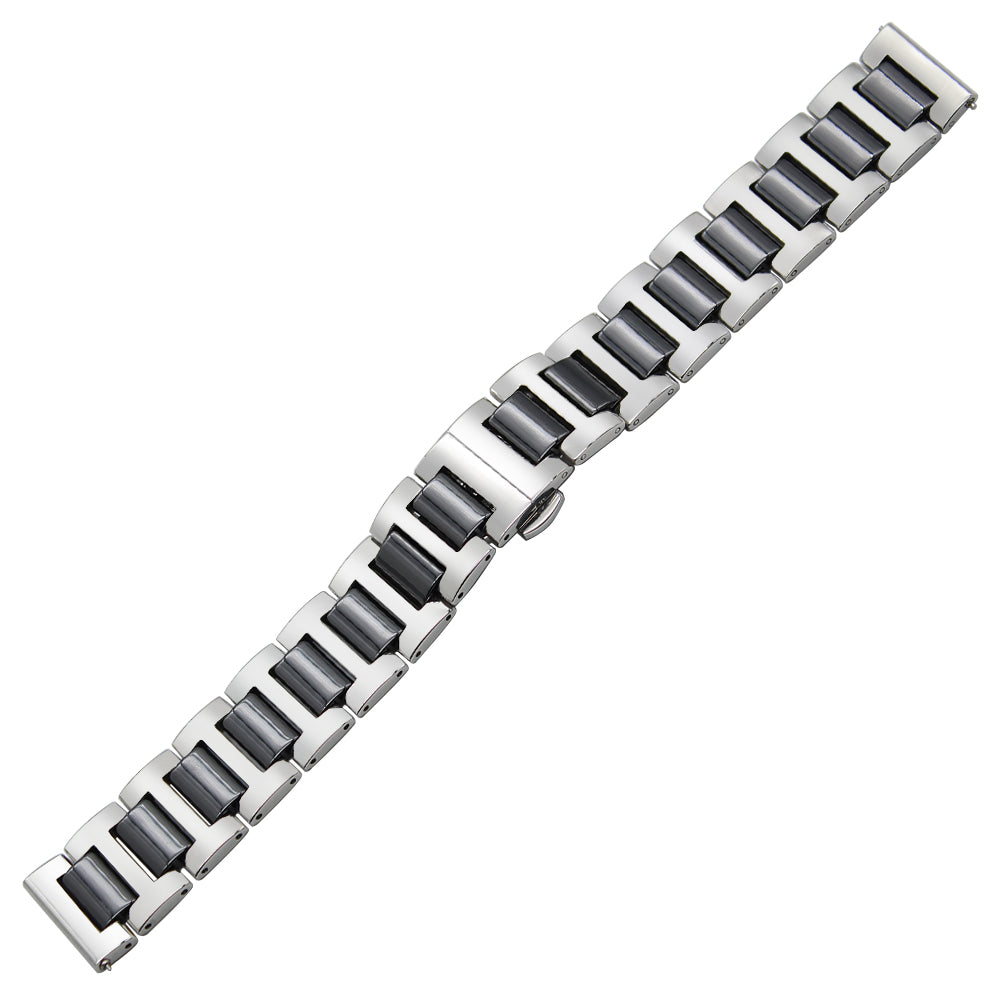 Silver and black ceramic watch bracelet with quick release mechanism and alternating metal link design
